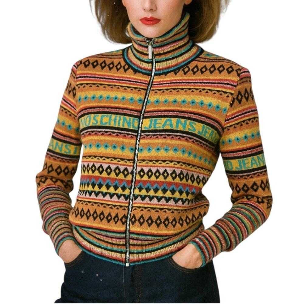 VTG Moschino Jeans Striped Aztec Knit Logo Zip Up Wool Sweater Vibrant Jacket